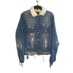 Triot Los Angeles jean jacket destroyed distressed sherpa collar size Small